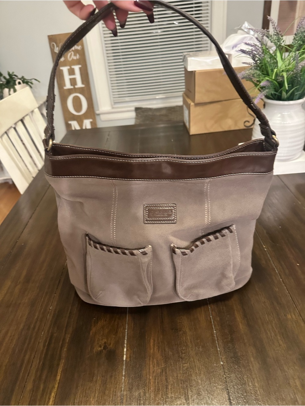 🍁Tignanello Taupe and Dark Brown Suede Shoulder Bag